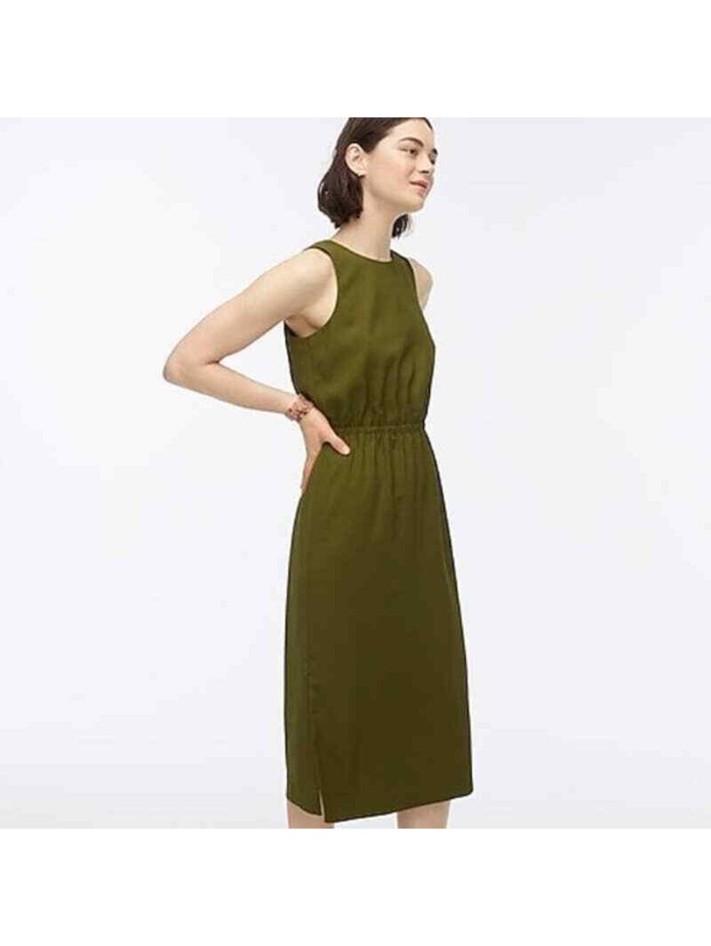 J.Crew Olive Green Buttonback Midi Dress with Cinched Waist